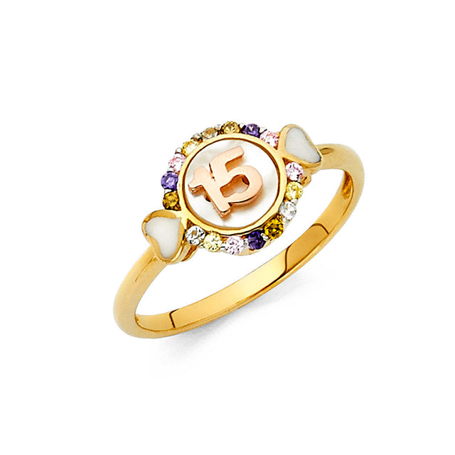 14K Two-Tone Gold Multicolor Halo Heart-Accent 15 Años Ring on White Background