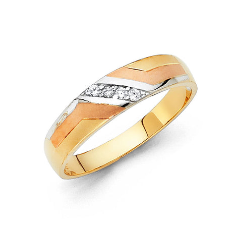 14K Tricolor Gold Graduated Swirl Men's Wedding Band on White Background
