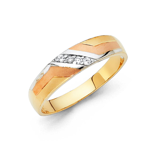 14K Tricolor Gold Graduated Swirl Men's Wedding Band on White Background