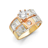 14K Tricolor Gold Baguette Wedding Trio Set on White Background
