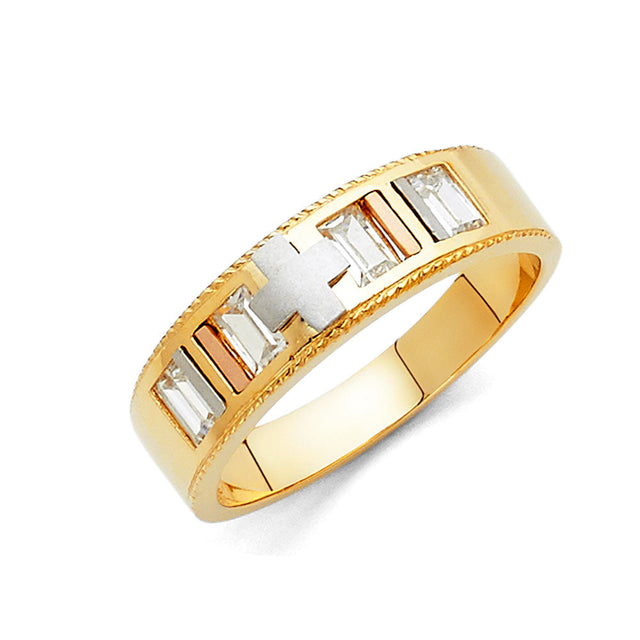 14K Tricolor Gold Baguette Bar Men's Wedding Band on White Background