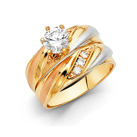 14K Tricolor Gold Split-Shank Wedding Trio Set on White Background