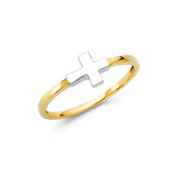 14K Two-Tone Gold Sideways Cross Ring on White Background