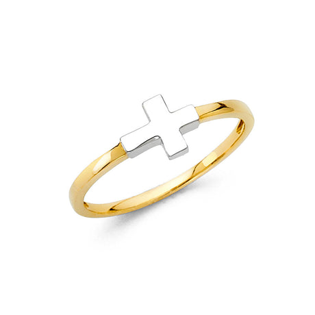 14K Two-Tone Gold Sideways Cross Ring on White Background