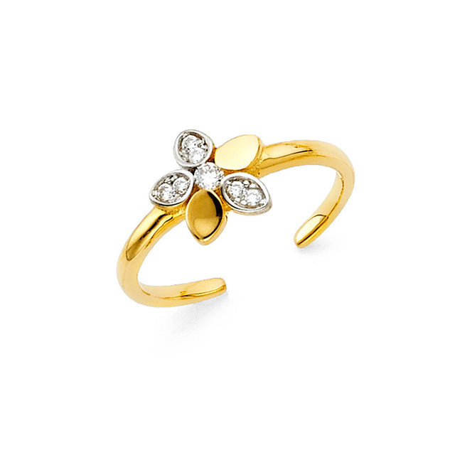 14K Two-Tone Gold Five-Petal Flower Toe Ring on White Background