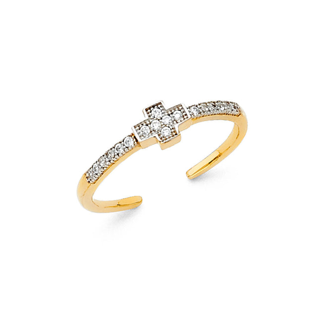 14K Two-Tone Gold Cross Toe Ring on White Background