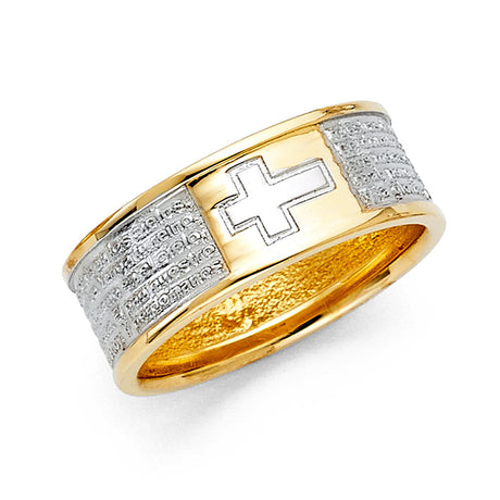 14K Two-Tone Gold Lord's Prayer Cross Band Ring on White Background