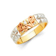 14K Tricolor Gold Rose Love Script Men's Wedding Band on White Background