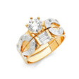 14K Two-Tone Gold CZ Baguette Wedding Trio Set — Engagement Ring on White Background
