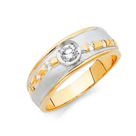 14K Two-Tone Gold CZ Channel Wedding Trio Set — Men's Wedding Band on White Background
