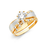 14K Two-Tone Gold CZ Channel Wedding Trio Set — Engagement Ring on White Background