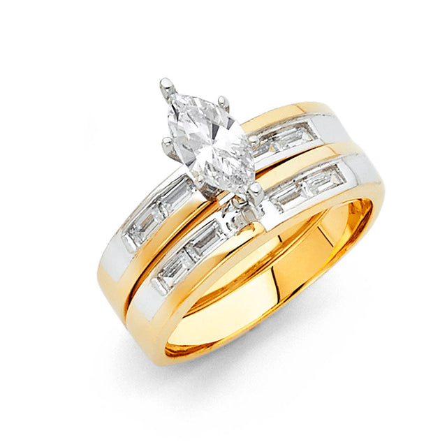 14K Yellow Gold CZ Bar Set Wedding Trio Set — Engagement Ring on White Background