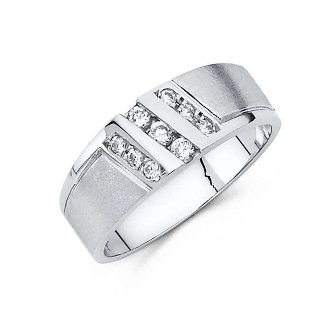 14K White Gold Satin Plaque Double Diagonal Men's Wedding Band