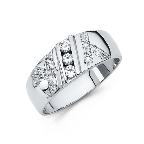 14K White Gold Vertical Triple-Stone Chevron Men's Wedding Band