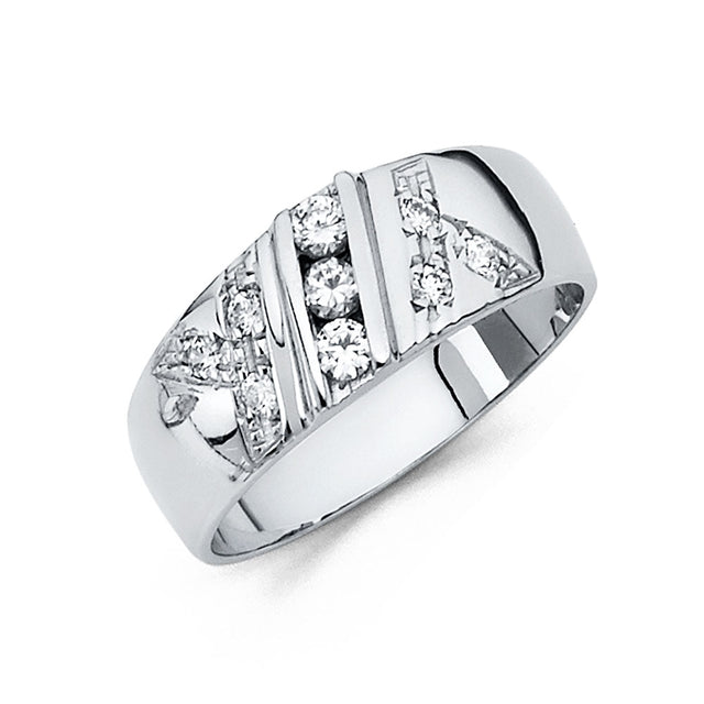 14K White Gold Vertical Triple-Stone Chevron Men's Wedding Band