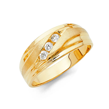 14K Yellow Gold Satin Diagonal Three-Stone Men's Wedding Band