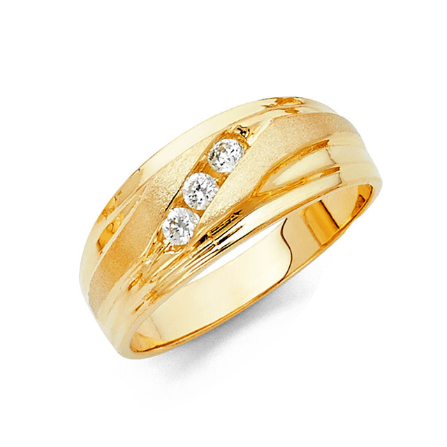 14K Yellow Gold Satin Diagonal Three-Stone Men's Wedding Band