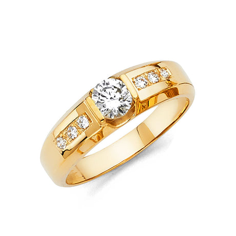 14K Yellow Gold Bar-Set Solitaire & Side-Accent Men's Wedding Band