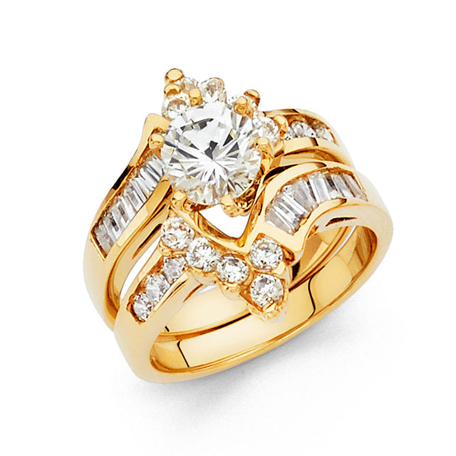 14K Yellow Gold Oval Baguette Bypass Bridal Engagement Ring Set