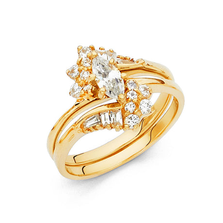 14K Yellow Gold Marquise Crown Round Bridal Engagement Ring Set