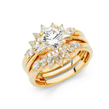 14K Yellow Gold Marquise Fan Round Bridal Engagement Ring Set