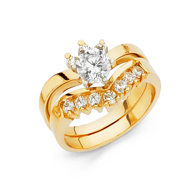 14K Yellow Gold Round Marquise Accent Bridal Engagement Ring Set