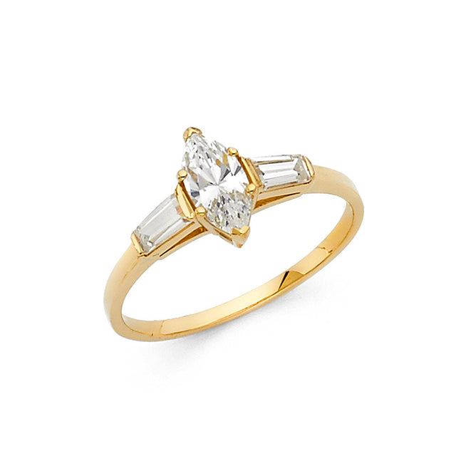 14K Yellow Gold Marquise Baguette Three-Stone Engagement Ring