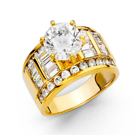 14K Gold Round Wide Baguette Side-Stone Engagement Ring – 0.50 ct - Yellow Gold