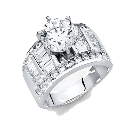 14K Gold Round Wide Baguette Side-Stone Engagement Ring – 0.50 ct - White Gold