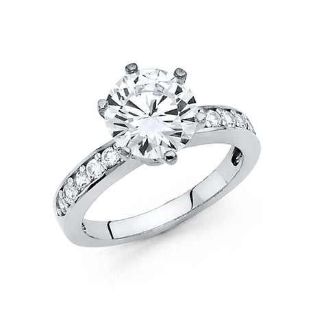 14K Gold Round Pavé Side Stone Engagement Ring - White Gold
