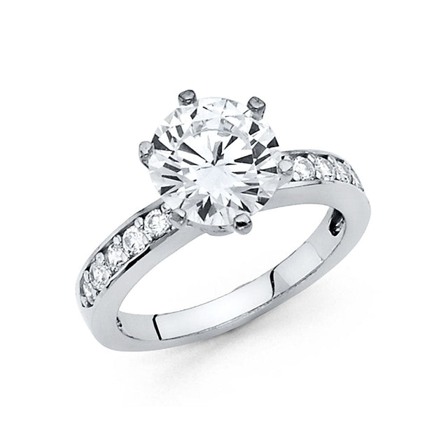 14K Gold Round Pavé Side Stone Engagement Ring - White Gold