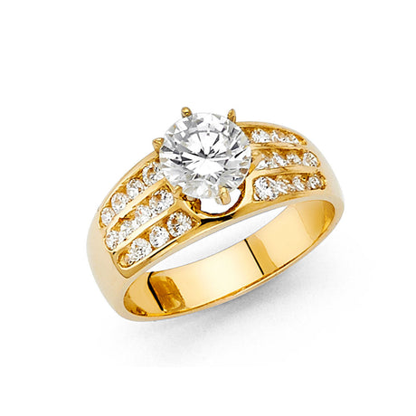 14K Yellow Gold Round Wide Side Stone Engagement Ring