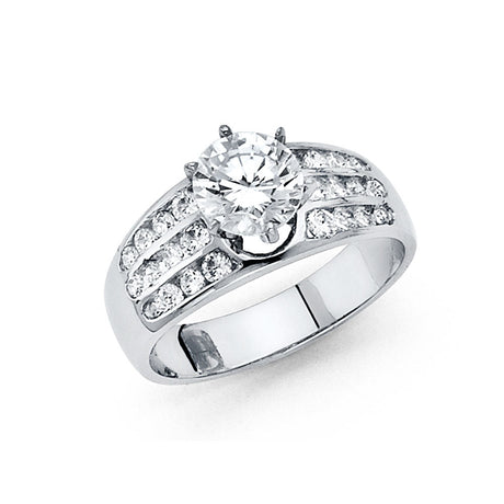 14K Gold Round Wide Side Stone Engagement Ring - White Gold