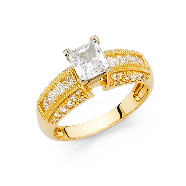 14K Yellow Gold Princess Pavé Side Stone Engagement Ring – 0.70 ct
