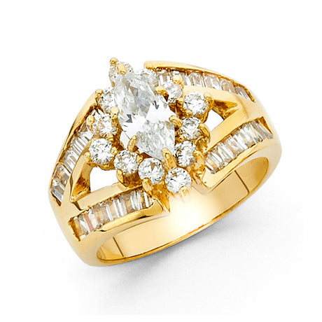 14K Yellow Gold Round Wide Baguette Side Stone Engagement Ring