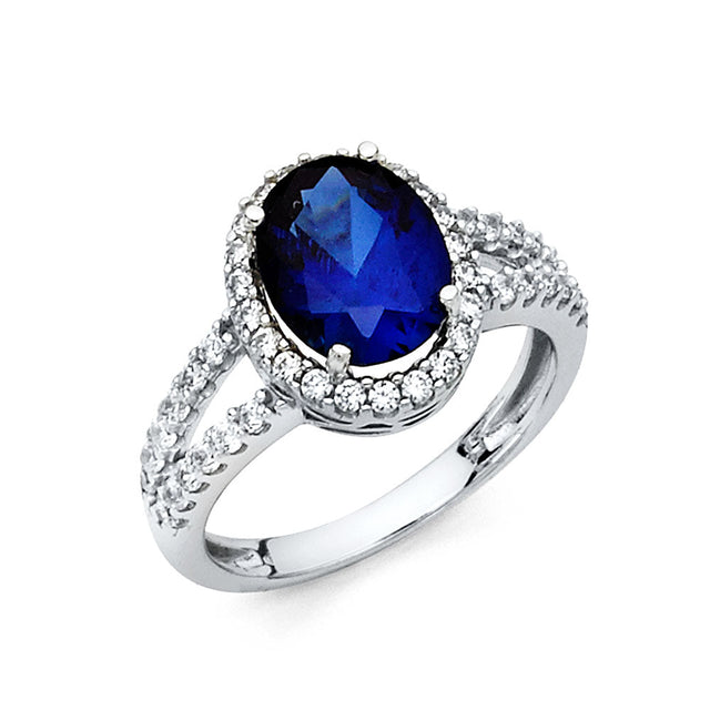 14K White Gold Oval Simulated Blue Sapphire Double Halo Ring