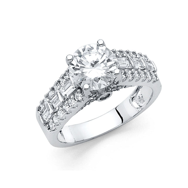 14K White Gold Round Wide Pavé Side Stone Engagement Ring – 0.50 ct