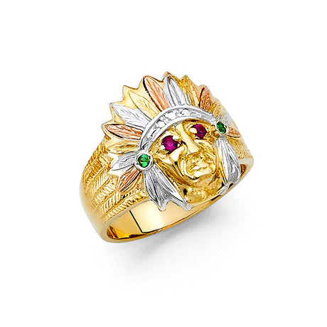 14K Tricolor Gold Indian Chief Men’s Ring