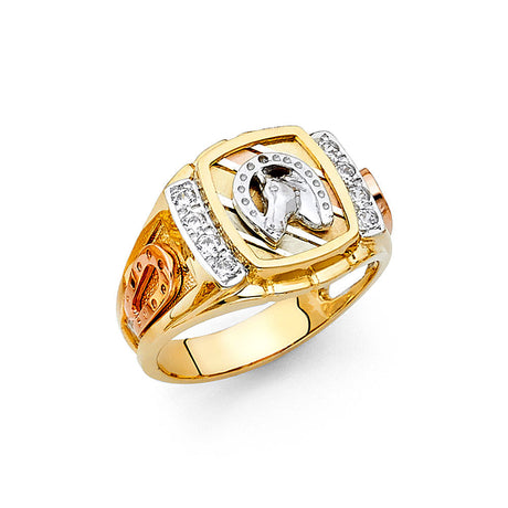 14K Tricolor Gold Horse Head Horseshoe Men’s Ring