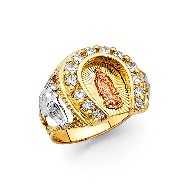 14K Tricolor Gold Our Lady of Guadalupe Horseshoe Men's Ring on White Background