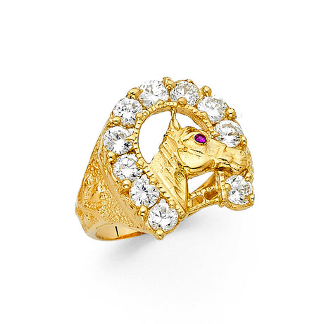 14K Yellow Gold CZ Horse Head Horseshoe Men’s Ring
