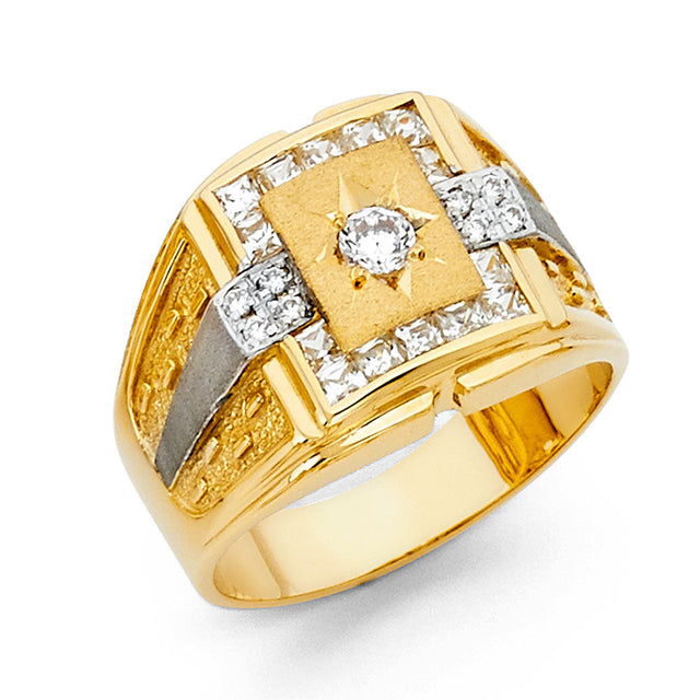 14K Yellow Gold CZ Starburst Signet Men’s Ring
