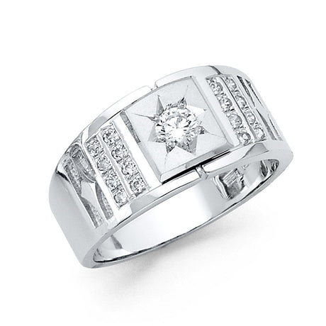 14K White Gold Starburst Solitaire Men's Ring