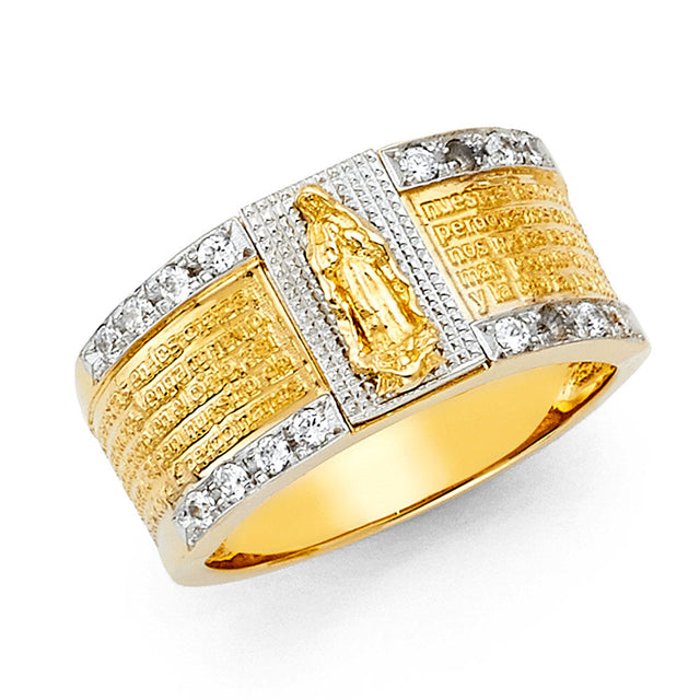 14K Two-Tone Gold Our Lady of Guadalupe Band Men's Ring on White Background
