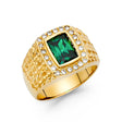 14K Yellow Gold Emerald-Cut Simulated Emerald Nugget Halo Men’s Ring on White Background