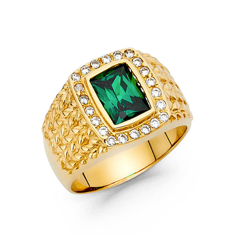 14K Yellow Gold Emerald-Cut Simulated Emerald Nugget Halo Men’s Ring on White Background