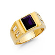 14K Yellow Gold Emerald-Cut Simulated Amethyst Baguette Men’s Ring on White Background