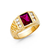 14K Yellow Gold Emerald-Cut Simulated Ruby Nugget Men’s Ring on White Background