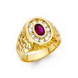 14K Yellow Gold Oval Simulated Ruby Nugget Halo Men’s Ring on White Background