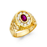 14K Yellow Gold Oval Simulated Ruby Nugget Halo Men’s Ring on White Background